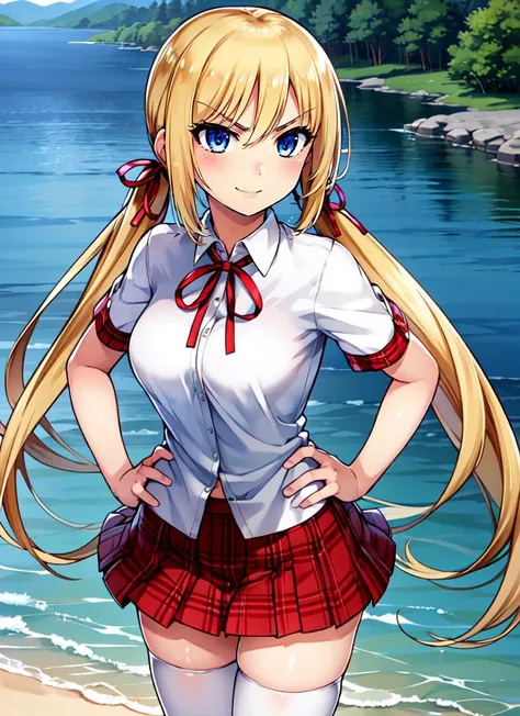 junko enoshima, blonde long hair, 1girl, twintails, solo, breasts, blue eyes, cleavage, collarbone, large breasts, bangs, blush, closed mouth, smirk, looking at viewer, upper body, bear hair ornament, nail polish, red nails, red bow, black shirt, underwear, choker, black bra, sleeves rolled up, white necktie, pleated plaid red skirt, school uniform, black cross-laced knee boots, shiny, shiny hair, botw style,