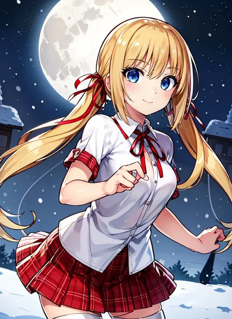 ((best quality)), ((highly detailed)), extremely detailed face, beautiful face, , (1girl), (solo), dynamic pose, upper body, <lora:HuniepopTiffany-v1:.6>, ChopioTiffany, blonde hair, very long hair, low twintails, hair between eyes, hair ribbon, blue eyes, medium breasts, smiling, outfit_1, white shirt, collared shirt, short sleeves, neck ribbon, red skirt, plaid skirt, pleated skirt, white thighhighs, zettai ryouiki, (outside, at a castle, night, night sky, stars, broken moon, telescope, snow storm)