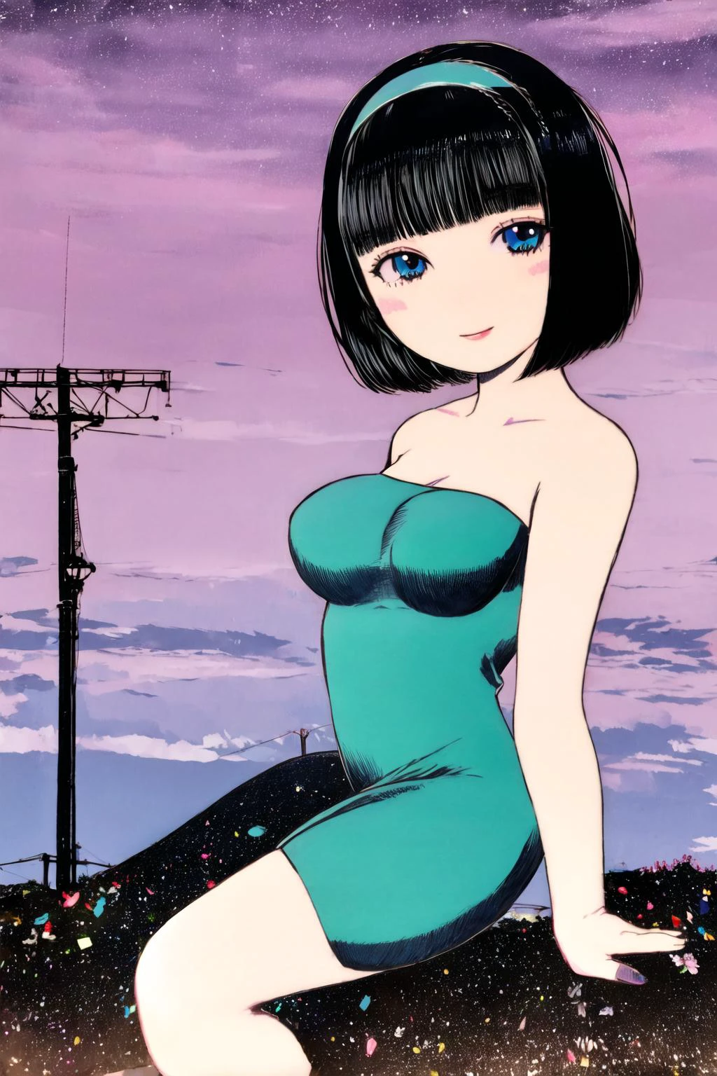 <lora:strptubedress-10:0.8>, strapless tube dress, contrapposto, large breast smile, bob cut, night, outdoors, blue eyes, black hair, hairband, smile, <lora:ch1sat0:0.8> <lora:Minene Sakurano:0.8> Shaorin, Tasuke Shichiri, Rishu