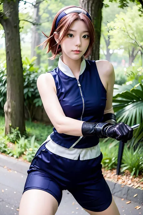 (masterpiece, best quality:1.2), solo, 1girl, harunoshipp, serious, looking at viewer, fighting stance, hairband, forehead protector, sleeveless shirt, gloves, bike shorts , <lora:sakura:0.8>, <lora:bbeamko-04:1>