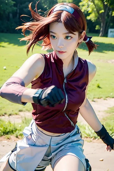 (masterpiece, best quality:1.2), solo, 1girl, harunoshipp, serious, looking at viewer, fighting stance, hairband, forehead protector, sleeveless shirt, gloves, bike shorts , <lora:sakura:0.8>, <lora:bbeamko-04:1>
