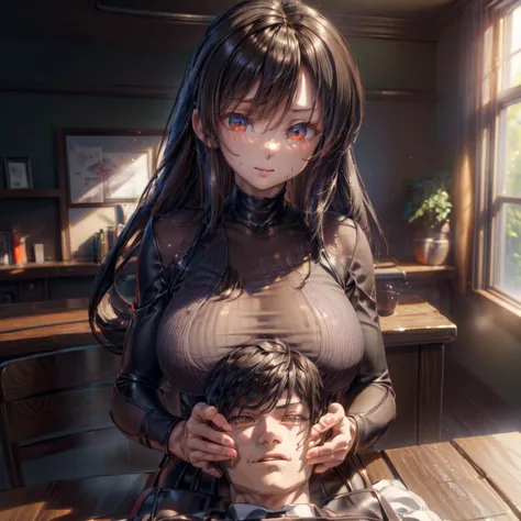 (Highres), ((masterpiece,best quality)) (extremely detailed CG), (raytracing)  high quality, detailed face, masterpiece, best quality, highres, soft lighting, best quality, hyper detailed
medium breasts, mature_women, mature_female, toned,
 1girl, 1boy, 
 <lora:laprest_breast_on_head-05:1>, breast_on_head_labrest <lora:add_detail:1> <lora:hairdetailer:0.8>