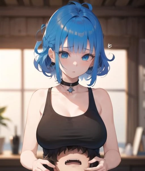 masterpiece, best quality, highres, soft lighting, best quality, hyper detailed
medium breasts, mature_women, mature_female, toned,
1girl, 1boy,
blue hair, curly hair,
crop top,
<lora:laprest_breast_on_head:1>, breast_on_head_labrest