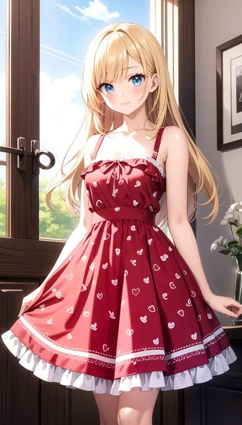 Print, Cute, small breast, Rockabilly_dress, masterpiece, best quality, solo, long hair, Blonde, <lyco:rockabilly_dress:0.4>