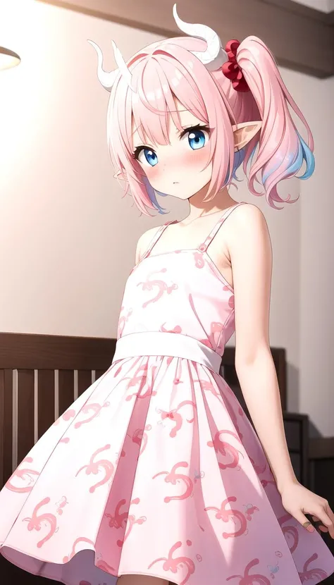 Red rockabilly dress, Print, Room, bed, (Light pink hair:1.35), (blush:1.2), Innocent, (shy:1.2), cute, Flat, Medium hair, masterpiece, best quality, Side ponytail, (gradient hair:1.0), Pointy ears, (Light blue hair:1.1), Blue eyes, <lyco:rockabilly_dress:0.7>, (White dragon horns:1.3)