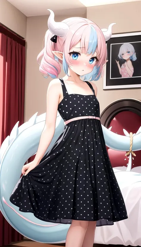 (Rockabilly dress:1.3), (black dress:1.4), (polka dot:1.4), (Print:1.2), Room, bed, (Light pink hair:1.35), (blush:1.2), Innocent, (shy:1.2), cute, Flat, Medium hair, masterpiece, best quality, Side ponytail, (gradient hair:1.0), Pointy ears, (Light blue hair:1.1), Blue eyes, <lyco:rockabilly_dress:0.7>, (White dragon horns:1.4)