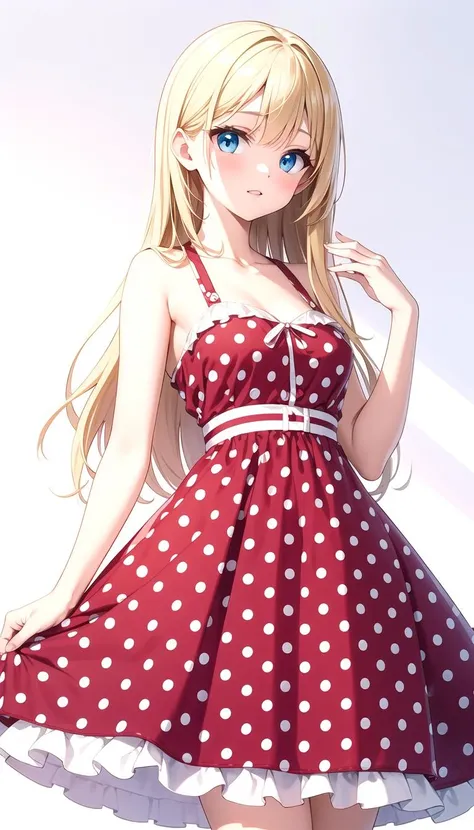 polka dot, Cute, small breast, Rockabilly_dress, masterpiece, best quality, solo, long hair, Blonde, <lyco:rockabilly_dress:0.4>