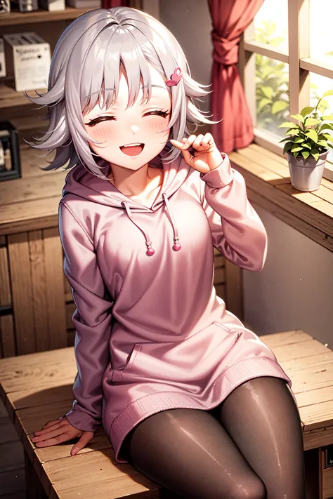 <lora:koshimizu_sachiko:1>koshimizu_sachiko, (small breasts:1.5), 1girl, blush, brown_eyes, hair_ornament, hairclip, pink hoodie, smile, closed eyes, open mouth, indoors, sitting, front,