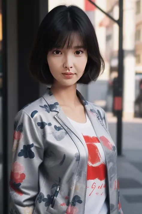 1girl,vivian chow,upper body,realistic,masterpiece,(high quality:1.2),bangs,  print shirt,  jacket