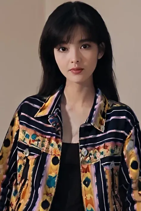 1girl,vivian chow,upper body,realistic,masterpiece,(high quality:1.2),bangs, print shirt, jacket, <lora:vivian_chow:0.65>