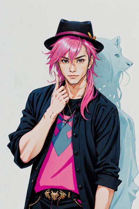 <lora:NihonMagStyle:1> Japanese Music Magazine Style, 1boy, black eyes,  cowboy hat, pink hair, two tone hair, black hair, short hair, mullet, fluffy hair,  looking at viewer, male focus, realistic, solo, middle finger,