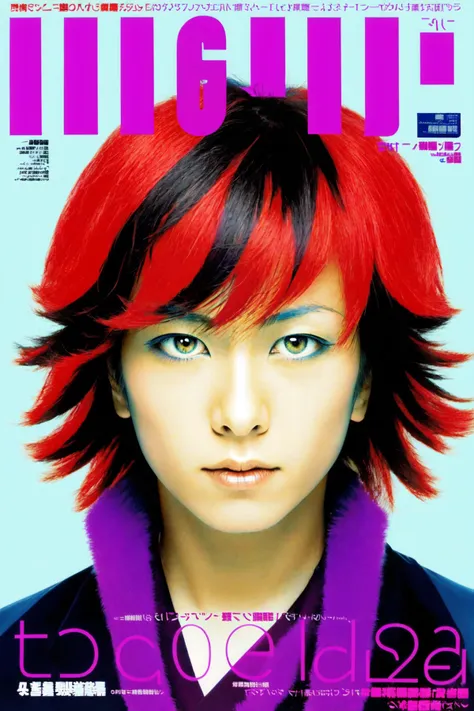 <lora:NihonMagStyle:1> Japanese Music Magazine Style, 1boy,  male focus, red hair, solo, femme vibes, two tone hair, black hair, short hair, mullet, fluffy hair,  looking at viewer, male focus, realistic, solo,  fake cover page, japanese and english text, kanji, hiragana, official art,