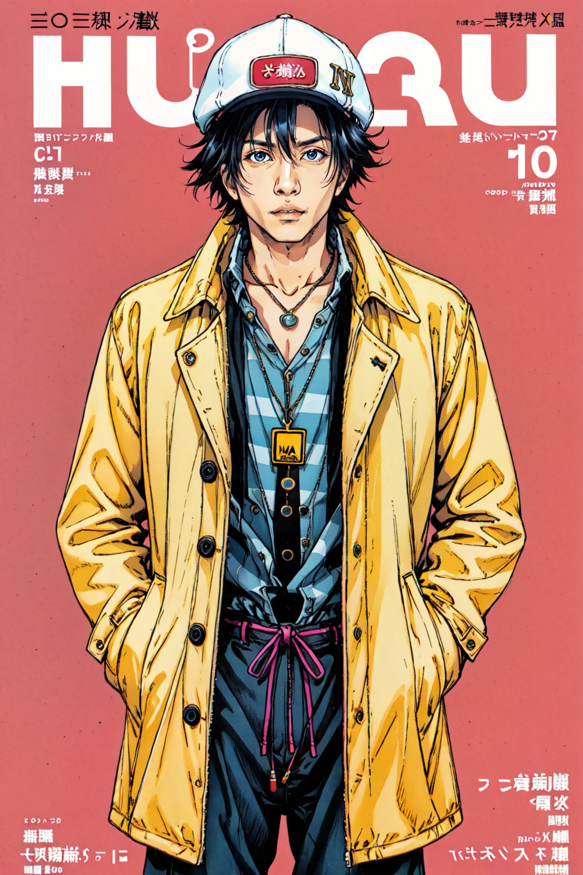<lora:NihonMagStyle:1> Japanese Music Magazine Style, 1boy, black hair, coat, cover, english text, fake cover, fashion, hat, jacket, jewelry, long sleeves, magazine cover, male focus, necklace, pants, parted lips, realistic, shirt, solo, striped, striped pants