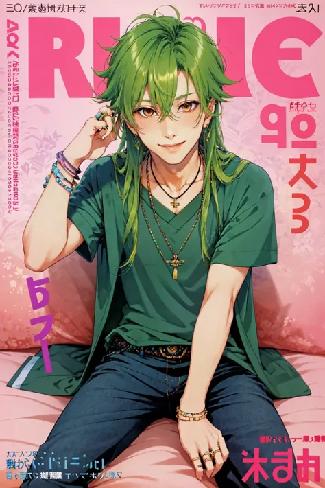 <lora:NihonMagStyle:1> Japanese Music Magazine Style, 1boy, blood, brown eyes, earrings, green hair, hair between eyes, jewelry, long hair, looking at viewer, male focus, necklace, pants, ring, shirt, sitting, smile, solo, fake manga cover, magazine cover, text,