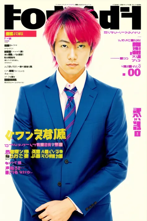 <lora:NihonMagStyle:1> Japanese Music Magazine Style, 1boy, black jacket, dutch angle, formal, jacket, looking at viewer, male focus, necktie, pink hair, red hair, shirt, short hair, solo, suit, upper body, magazine cover, text