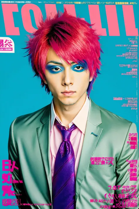 <lora:NihonMagStyle:1> Japanese Music Magazine Style, 1boy, makeup, fluffy hair,  black jacket, dutch angle, formal, jacket, looking at viewer, male focus, necktie, pink hair, red hair, shirt, short hair, solo, suit, upper body, visual kei, punk, magazine cover, text