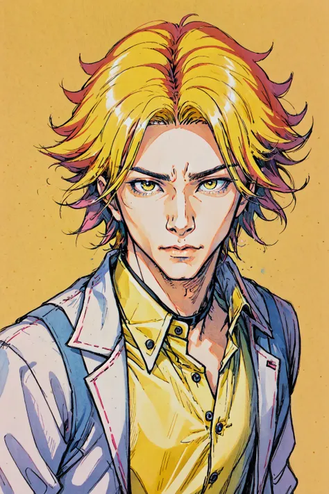 <lora:NihonMagStyle:1> Japanese Music Magazine Style, 1boy, looking at viewer, male focus, shirt, fluffy hair, visual kei, short hair, solo, yellow theme