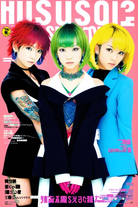 <lora:NihonMagStyle:1> Japanese Music Magazine Style, 4girls, 5girls, black hair, blonde hair, cover, earrings, fingerless gloves, gloves, green hair, jewelry, looking at viewer, magazine cover,  multiple girls, necklace, red hair, ring, short hair, tattoo