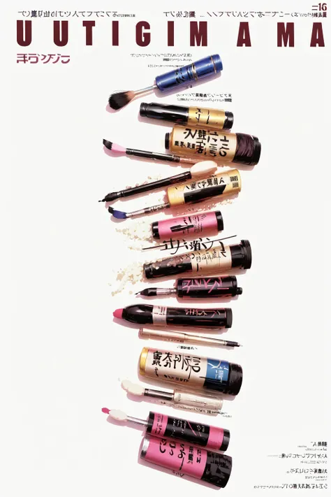 <lora:NihonMagStyle:1> Japanese Music Magazine Style, cosmetics, lipstick, lipstick tube, makeup, no humans, text focus, white background, magazine cover, loreal makeup, eyeshadow palette