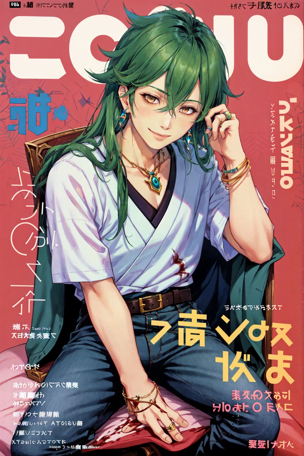 <lora:NihonMagStyle:1> Japanese Music Magazine Style, 1boy, blood, brown eyes, earrings, green hair, fluffy eyes, (league of legends), hair between eyes, jewelry, long hair, looking at viewer, male focus, necklace, pants, ring, shirt, sitting, smile, solo, fake manga cover, magazine cover, text,