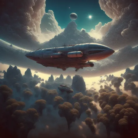 photo, Rightnow style, a painting of a space ship floating in the sky on a <lyco:JohnsonDesuZenkai-V21-Lyco:1.0>