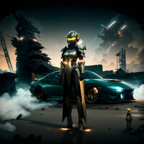 photo, JovianSociety style a painting of a futuristic city in the sky, (Woman:1) in yellow Plate Armor wearing mask and Open face Helmet, standing in front of a cool sports cars doing a burnout, ruins in background, Nighttime Sky <lora:djzJohnsonDesuV15-Zenkai-256:1>