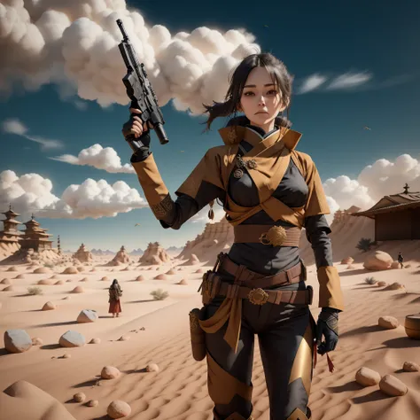 photo, MeijiJapan style a person bending over a piece of stone in front of a building, Gunslinger, Pretty Woman Holding a Silenced Pistol, in the Desert <lora:djzJohnsonDesuV15-Zenkai-256:1.5>