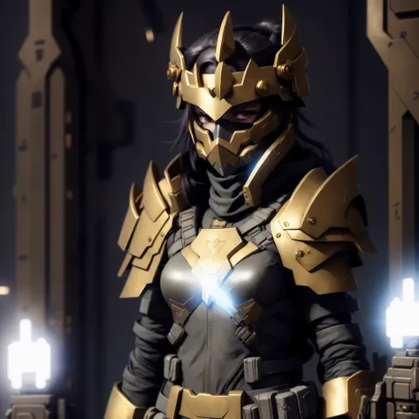 photo, milsimWaifu style a drawing of a female soldier holding a machine gun, Supreme God Knight, wearing fine suit with armor and gold edged helmet, One Eye Glows behind the mask <lora:djzJohnsonDesuV15-Zenkai-256:1>