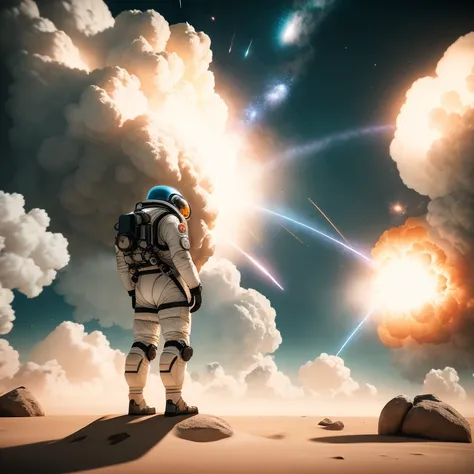 photo, TropicalAstronaut style a man in a space suit standing in front of an explosion <lora:djzJohnsonDesuV15-Zenkai-256:1>