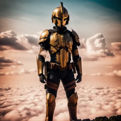 photo, CloudTowers style, a very tall building in the middle of some clouds, Judge Dredd, wearing Judges Armor and helmet fighting crime in Mega City One, Chin sticks out under the helmet <lora:djzJohnsonDesuV15-Zenkai-256:1>