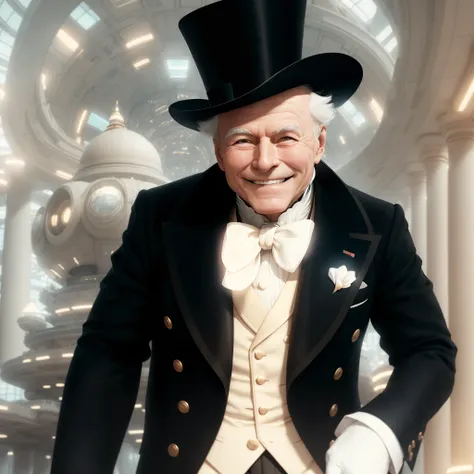 photo, ModernFutures style, a futuristic building with a glowing dome on top of it, Dapper Gentleman smiling at camera wearing a top hat <lora:djzJohnsonDesuV15-Zenkai-256:1>