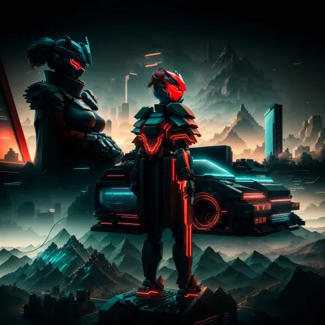 photo, BoxedFutures style a computer screen made out of legos with a mountain scene in the background, (Woman:1) in red Plate Armor wearing mask and pompadour, standing in front of a cool sports cars Neon Underlights, City in background, Daytime Sky <lora:djzJohnsonDesuV15-Zenkai-256:1>