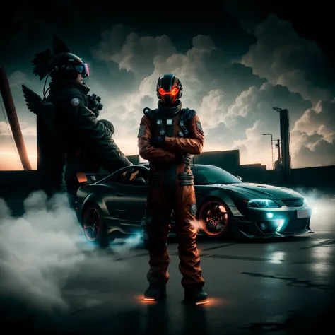 photo, FallenAngel style, a painting of an angel kneeling on the ground, (Man:1) in red Flight Suit wearing mask and sunglasses, standing in front of a cool sports cars Neon Underlights, Smoke Clouds in background, Daytime Sky <lora:djzJohnsonDesuV15-Zenkai-256:1>
