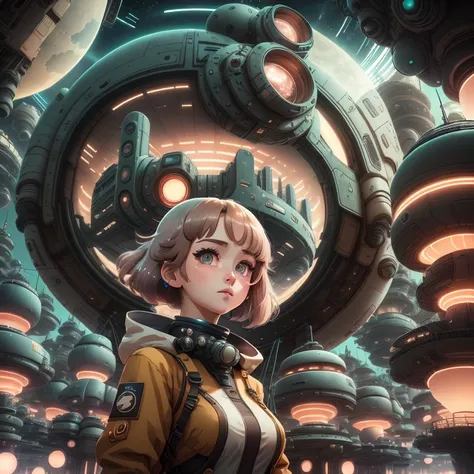 photo, JovianSociety style a close up of woman with her eyes open standing in front of a futuristic city <lora:djzJohnsonDesuV15-Zenkai-256:1>