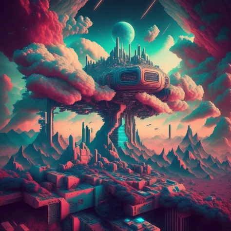 photo, Apocalypso style, a computer generated image of a futuristic city with mountains and clouds machines <lyco:JohnsonDesuZenkai-V21-Lyco:1.0>