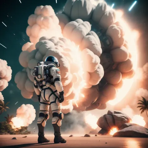 photo, TropicalAstronaut style a man in a space suit standing in front of an explosion <lora:djzJohnsonDesuV15-Zenkai-256:1>