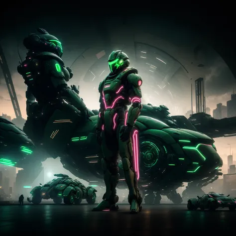 photo, LiminalSpace style a close up of a futuristic structure with a large object in the middle, (Man:1) in green Flight Suit wearing mask and Open face Helmet, standing in front of a cool sports cars Neon Underlights, City in background, Daytime Sky <lora:djzJohnsonDesuV15-Zenkai-256:1>