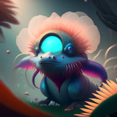 masterpiece portrait of a jungle-colored (grass-elemental:1.6) based cute fantastic creature looking at the viewer, ((big kind-looking eyes, teal-colored eyes)), ((fluffy-textured body)) (((axolotl-body))) (((water lily-head))), (((in a plains))) (((grass-particles floating))), looking at the viewer,bloom caustics volumetric lighting pixar cute (((glow))) 8k uhd hdr masterpiece,octane,blender,ArtStation,particles,pokemon,arcane,league of legends,((volumetric lighting)), ((caustics:1.4)),((bloom:1.2)), CGSociety,hair,fur,bokeh,anime,((volumetric fog:1.2)),unreal,fluffy hair strands,sligthly bloomy blur ,((looking at viewer)) <lora:djzJohnsonDesu108Models_v21768V2420Epoch2:1>