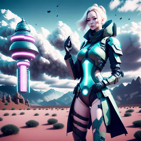 photo, (bountyhunter:1) a woman dressed in futuristic clothing standing in front of a cloud filled sky <lyco:DesuZenkaiV21beta2-lyco:1.0>