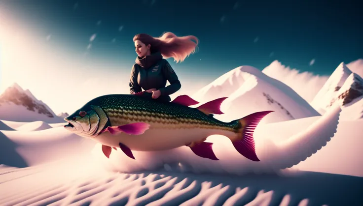 photo, (fishsurfing style:1) (timecar style:1) a woman riding on the back of a large fish in the snow <lyco:DesuZenkaiV21beta2-lyco:1.0>