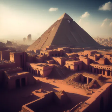 A photograph of a ruined, decaying city, with twisted, twisted architecture and crumbling ruins stretching as far as the eye can see. In the center of the city, a massive, ancient pyramid can be seen, its surface covered in strange, arcane markings.