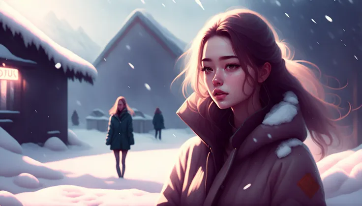 photo, Friendzone style, a woman with long hair standing in the snow<lyco:DesuZenkaiV21beta2-lyco:1.0>