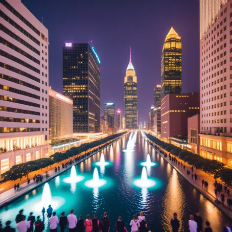 A photograph of a nighttime cityscape, with brightly lit skyscrapers towering overhead. The city lights cast a warm, golden glow on the streets below, where crowds of people can be seen walking and socializing. In the foreground, there is a fountain illuminated by colored lights.