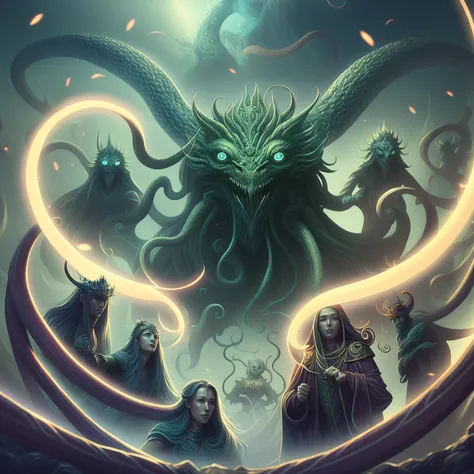 A digital art piece featuring a group of ancient, Lovecraftian deities, with writhing tentacles and twisted, inhuman faces. The creatures are depicted in an epic battle, with otherworldly energies and arcane symbols swirling around them.