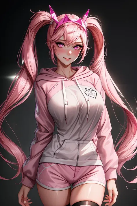 masterpiece, best quality, absurdres, illustration, 8k, perfect shadows,perfect lighting,hdr, ambient lighting,realistic, ultra-realistic, cowboy shot, Photo realistic,(hyperrealistic:1)textured skin,shiny skin,skindentation, beautiful body, (blush:1.2) alice_\(nod\),twintails,very long hair,pink eyes (wearing hoodie,pink hoodie,shorts,pink shorts, high socks,thighhigh socks) (large breasts,hourglass body, thin waist,very slim waist)extremely detailed face,detailed eye makeup, detail face, nice detailed eyes,nice hands, perfect hands <lora:alice_sweethome:.70> <lora:PerfectFullBreasts-fCV3:.40><lora:beautifulDetailedEyes_v10:0.50> (realistic pupils,realistic iris:1) heavy eye makeup,glowing eyes, Bright eyes,<lora:add_detail:.50> <lyco:GoodHands-beta2:.90><lora:Aesthetic-Portrait-V2:.40> standing,standing at attention,(evil smile) (gradient grey background) <lora:ryanreos-lora-v1-32dim-3ep-naivae:.20>