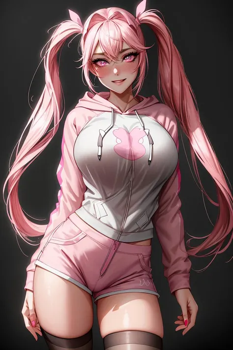 masterpiece, best quality, absurdres, illustration, 8k, perfect shadows,perfect lighting,hdr, ambient lighting,realistic, ultra-realistic, cowboy shot, Photo realistic,(hyperrealistic:1)textured skin,shiny skin,skindentation, beautiful body, (blush:1.2) alice_\(nod\),twintails,very long hair,pink eyes (wearing hoodie,pink hoodie,shorts,pink shorts, high socks,thighhigh socks) (large breasts,hourglass body, thin waist,very slim waist)extremely detailed face,detailed eye makeup, detail face, nice detailed eyes,nice hands, perfect hands <lora:alice_sweethome:.70> <lora:PerfectFullBreasts-fCV3:.40><lora:beautifulDetailedEyes_v10:0.50> (realistic pupils,realistic iris:1) heavy eye makeup,glowing eyes, Bright eyes,<lora:add_detail:.50> <lyco:GoodHands-beta2:.90><lora:Aesthetic-Portrait-V2:.40> standing,standing at attention,(evil smile) (gradient grey background) <lora:ryanreos-lora-v1-32dim-3ep-naivae:.20>