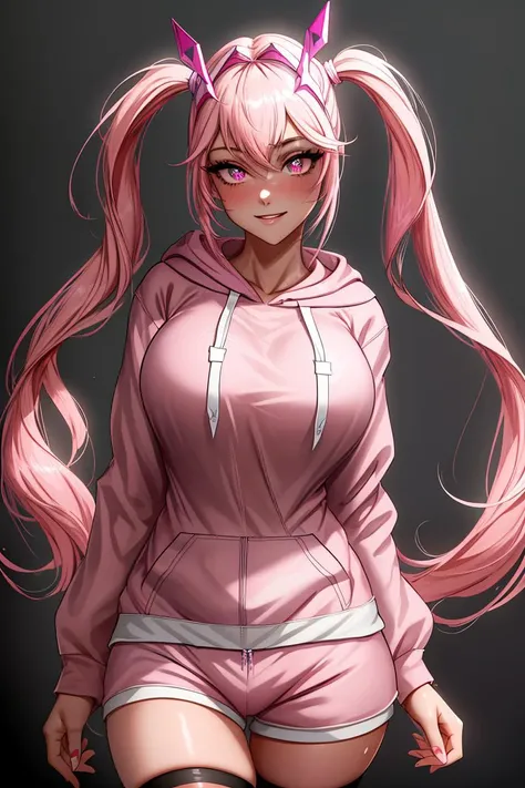 masterpiece, best quality, absurdres, illustration, 8k, perfect shadows,perfect lighting,hdr, ambient lighting,realistic, ultra-realistic, cowboy shot, Photo realistic,(hyperrealistic:1)textured skin,shiny skin,skindentation, beautiful body, (blush:1.2) alice_\(nod\),twintails,very long hair,pink eyes (wearing hoodie,pink hoodie,shorts,pink shorts, high socks,thighhigh socks) (large breasts,hourglass body, thin waist,very slim waist)extremely detailed face,detailed eye makeup, detail face, nice detailed eyes,nice hands, perfect hands <lora:alice_sweethome:.70> <lora:PerfectFullBreasts-fCV3:.40><lora:beautifulDetailedEyes_v10:0.50> (realistic pupils,realistic iris:1) heavy eye makeup,glowing eyes, Bright eyes,<lora:add_detail:.50> <lyco:GoodHands-beta2:.90><lora:Aesthetic-Portrait-V2:.40> standing,standing at attention,(evil smile) (gradient grey background) <lora:ryanreos-lora-v1-32dim-3ep-naivae:.20>