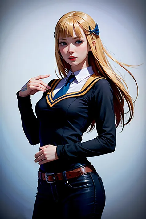 anime girl in uniform posing for a picture with her hand on her hip