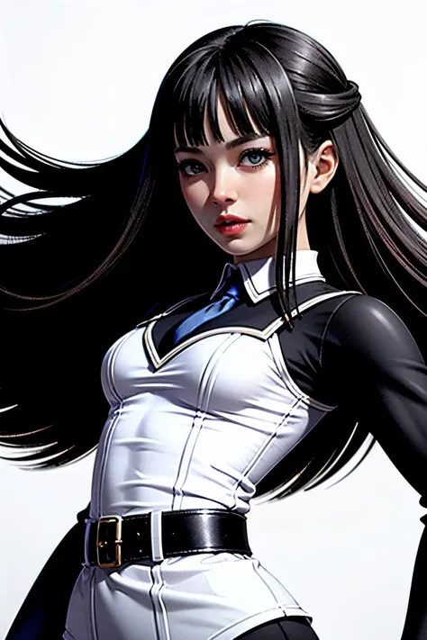 anime - style woman with long black hair and a white top