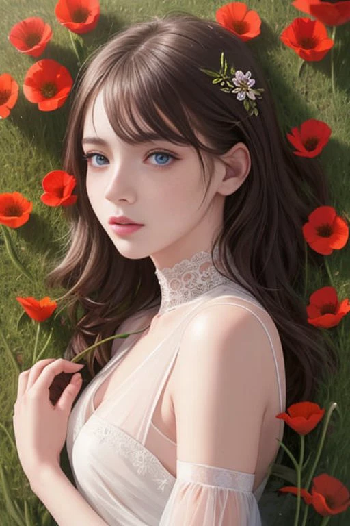 RAW, analog, Nikon Z 85mm, award winning glamour photograph, shot from above,
((best quality)), ((masterpiece)), ((realistic)), gorgeous French girl wearing, see-through lace dress , 18 years old, (long brown hair), hazel eyes, small perky breasts, puffy nipples, laying in a field of poppies, petite, ((small breasts)), innocent, flower pedals in the air, ((freckles)), intricate details, highly detailed, sharp focus, digital render, professional, 4k, artstation, artgerm, octane render, spring flowers blooming, god rays, hand model, stunning blue eyes, petite, delicate, innocent,
highres, detailed facial features, high detail, sharp focus, smooth, aesthetic, extremely detailed, stamp, octane render, photo_\(ultra\), photorealistic, realistic, post-processing, max detail, roughness, real life, ultra realistic, photorealism, photography, 8k uhd, photography, SEMI-SILHOUETTE light, russian face, octane render,